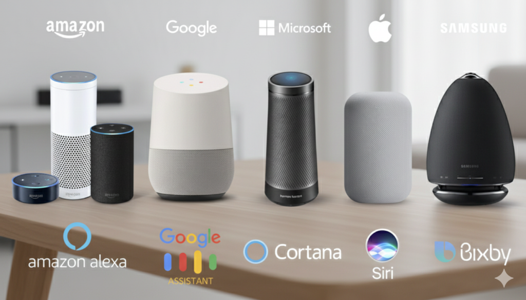A collection of various popular smart speakers and voice assistant devices from major tech brands lined up on a modern wooden table.