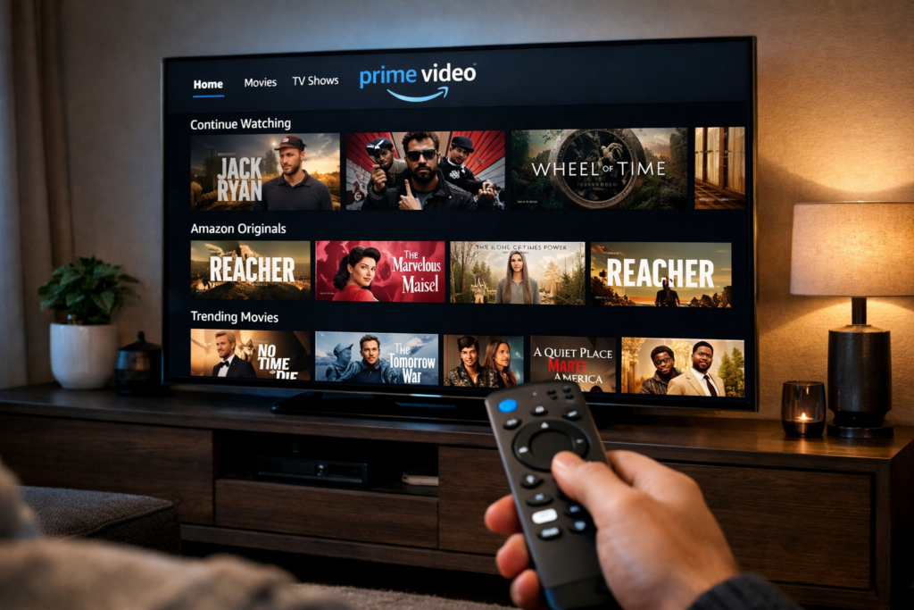 Amazon Prime Video streaming app interface on a modern smart TV showing movie and TV show library in a living room