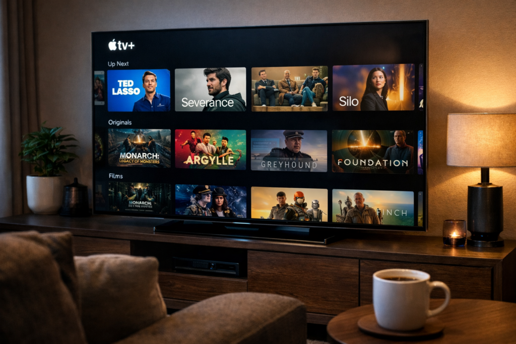 Apple TV+ interface displayed on a Smart TV in a modern living room showcasing popular original series like Ted Lasso and Severance