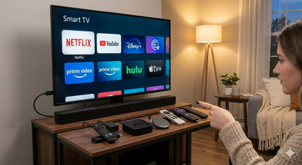 Popular streaming devices including Fire TV Stick Roku Streaming Stick and Chromecast placed next to a television ready to convert an old TV into a smart TV for streaming apps