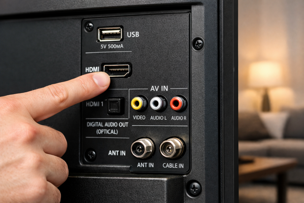 Close-up of the back panel of an old television showing HDMI USB and AV ports used to connect streaming devices and convert a regular TV into a smart TV
