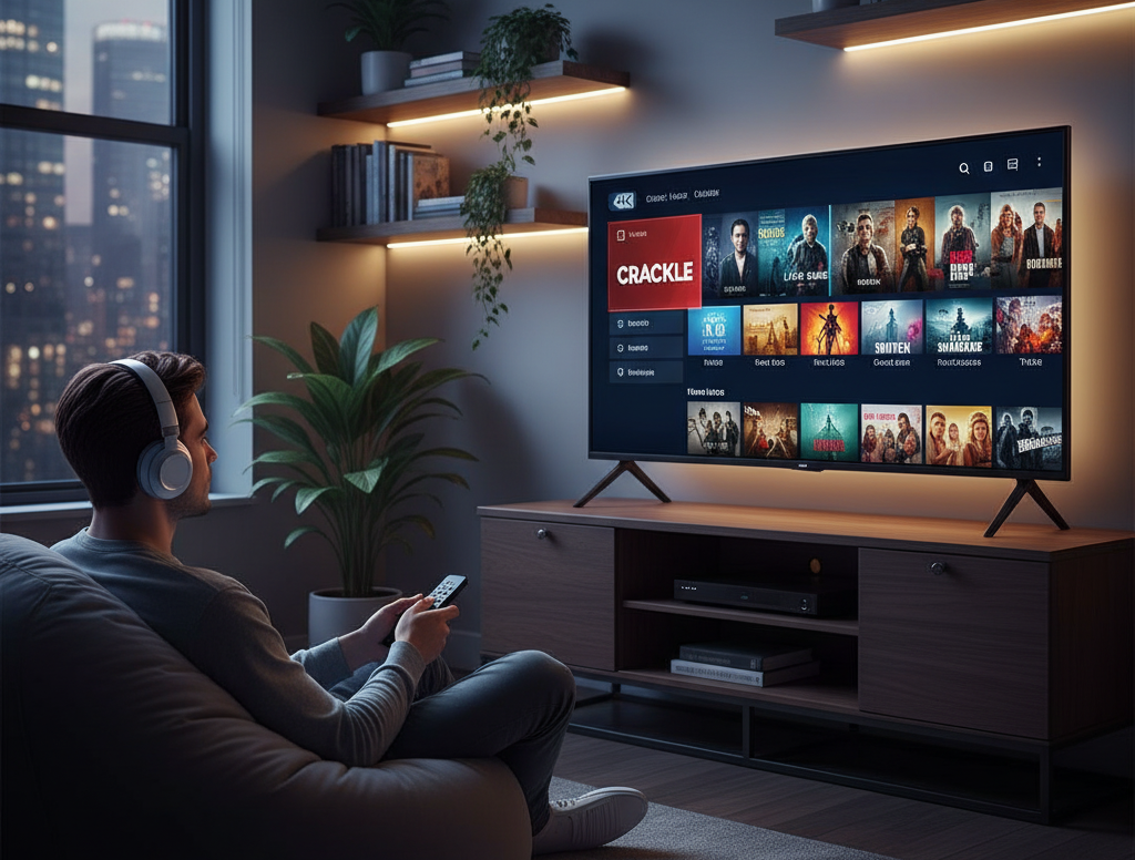 Crackle streaming app displayed on a modern 4K Smart TV in a cozy urban living room with young adult watching