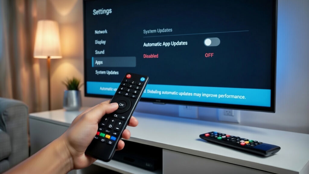 Smart TV settings screen showing automatic app updates being turned off to improve performance and reduce lag on a smart television