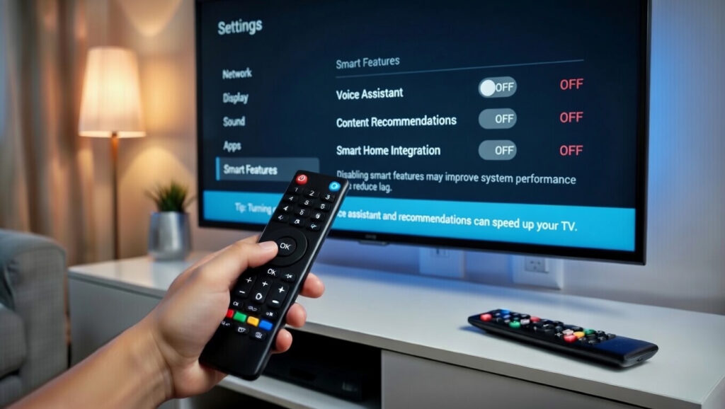 Smart TV settings screen showing voice assistant and recommendation features being turned off to improve TV performance and reduce lag
