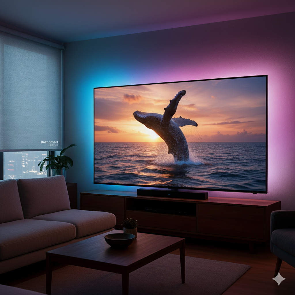 Smart TV room with Smart Blinds and TV backlight