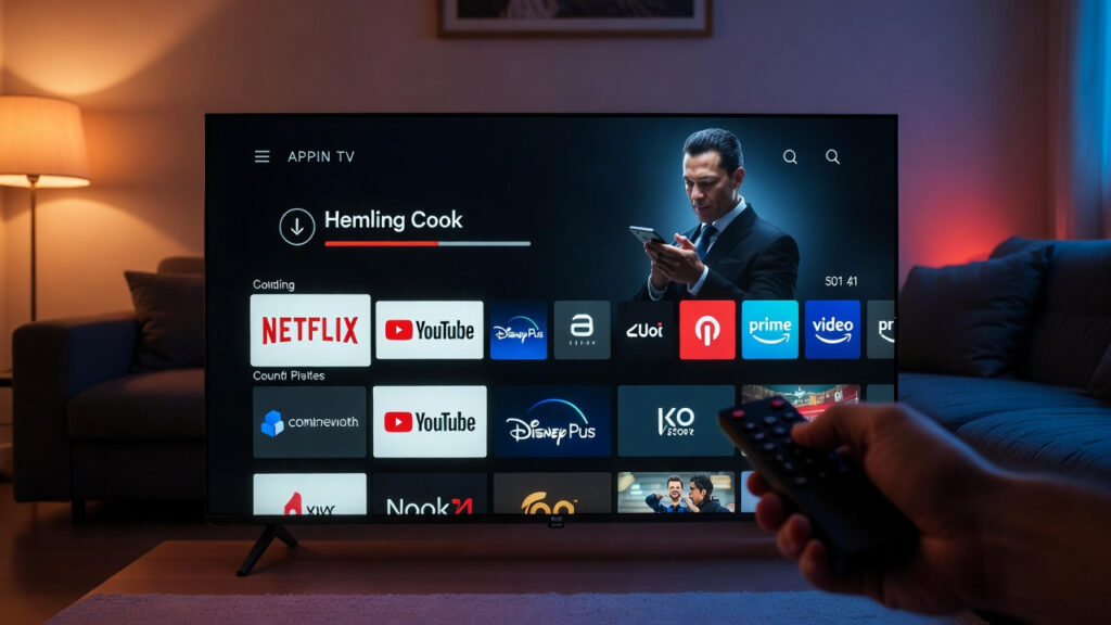 Smart TV screen showing Netflix, YouTube, Disney Plus, and Prime Video apps being installed on a streaming device connected to an older television in a living room