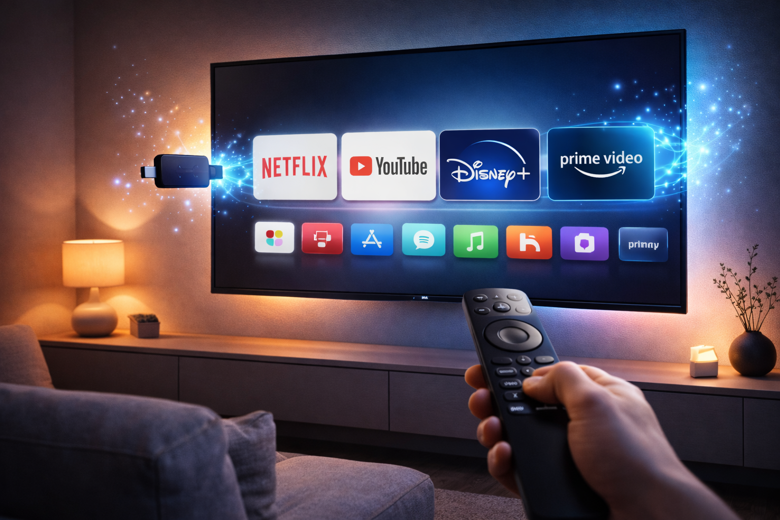 Old television converted into a smart TV using a streaming stick device showing Netflix YouTube and Disney Plus apps on the screen in a modern living room setup