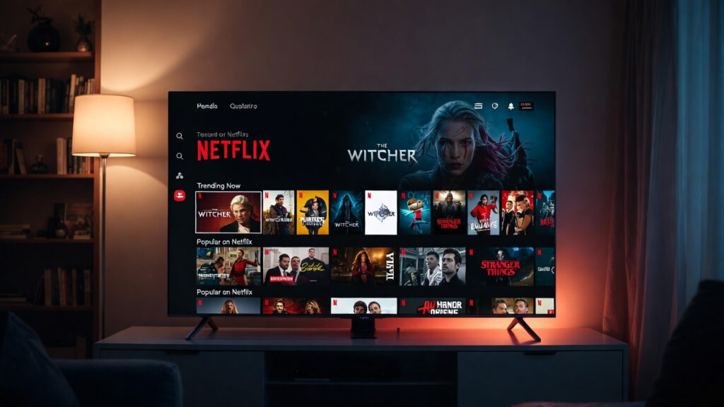 Netflix streaming app open on a smart TV displaying movie and TV show recommendations in a modern living room setup