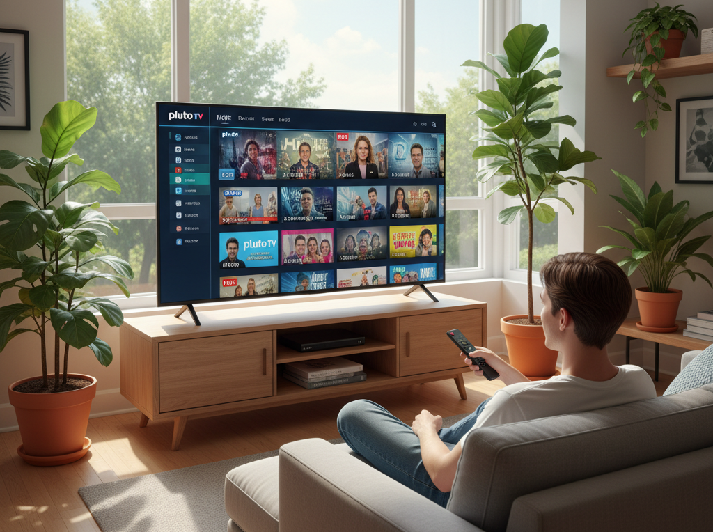 Pluto TV app shown on a modern Smart TV in a bright living room with a viewer holding a remote
