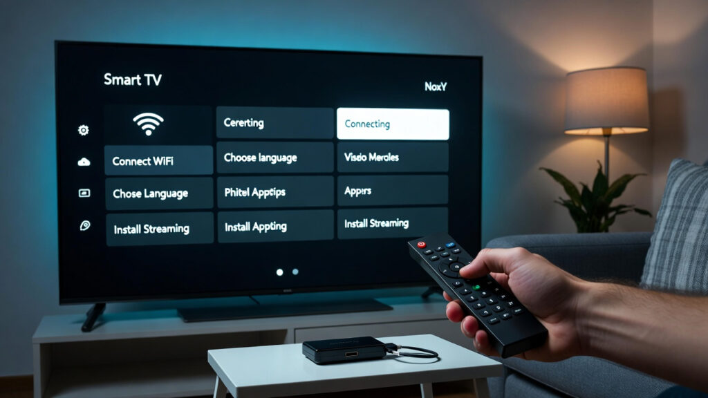 Streaming device being connected to the HDMI port of a television while the TV screen displays a smart TV setup page for connecting WiFi and installing streaming apps