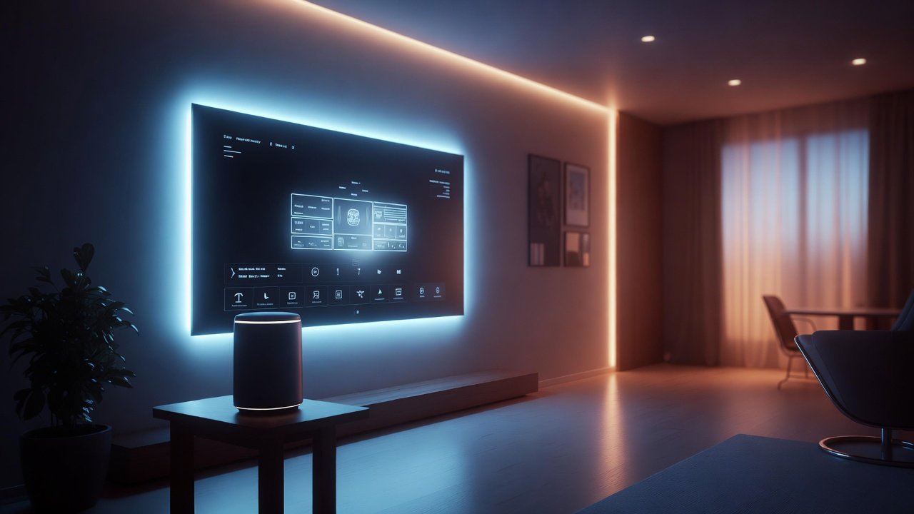 Smart home devices connected to a smart TV creating a modern automated entertainment setup