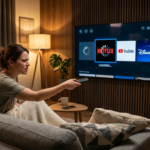 Slow smart TV interface with buffering streaming apps while a hand holds a remote control in a modern living room showing tips to speed up smart TV performance