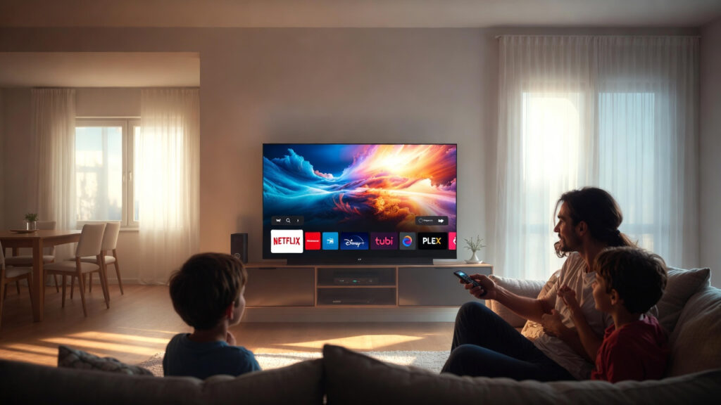 Multiple streaming apps displayed on a modern 8K Smart TV with family watching in a bright living room