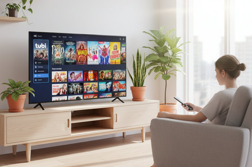 Tubi streaming app displayed on a modern 4K Smart TV in a bright living room with a teen watching
