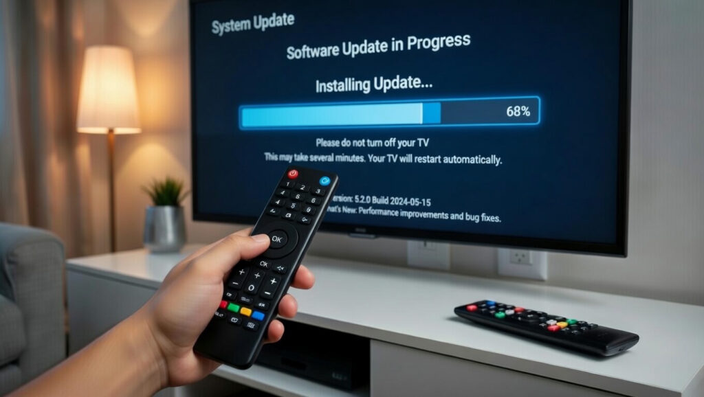 Smart TV screen showing a software update installation progress bar used to improve performance and fix slow smart TV issues