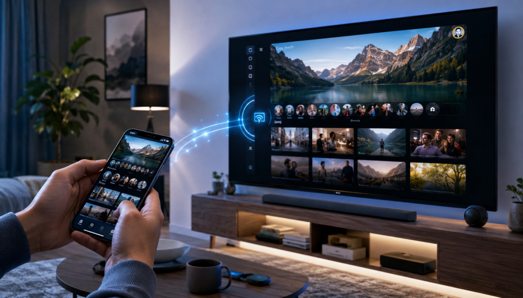 best phones for screen mirroring to smart tvs showing wireless connection between smartphone and smart TV using Wi-Fi casting technology