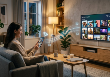 best phones for screen mirroring to smart tvs showing wireless casting from smartphone to smart TV in modern living room