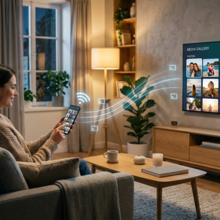 best phones for screen mirroring to smart tvs showing wireless casting from smartphone to smart TV in modern living room