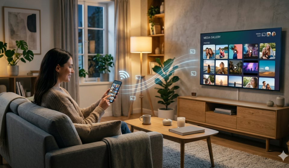 best phones for screen mirroring to smart tvs showing wireless casting from smartphone to smart TV in modern living room